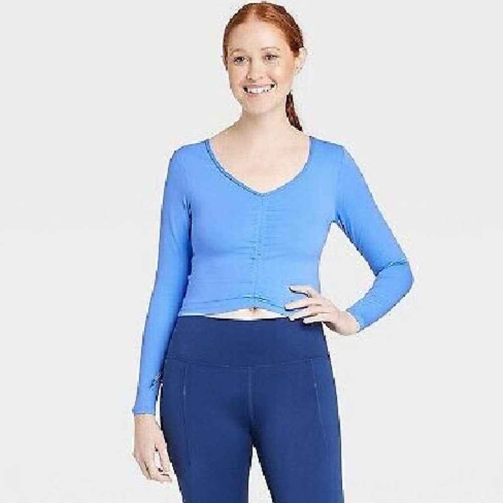 NEW! Women's Blue 3X Flex Shirred Cropped Long Sleeve Shirt Target All In Motion